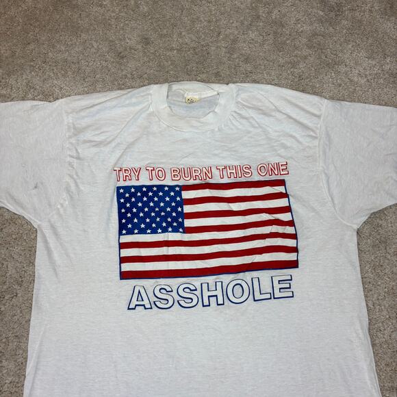 Vintage 80s Try To Burn This One A**hole US Flag Patriotic Shirt XL - Picture 2 of 13